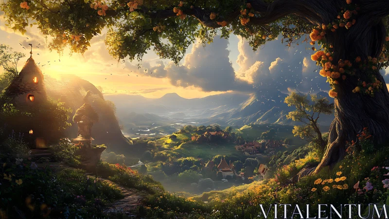 Sunlit valley village unfolds beneath ancient flowering tree.