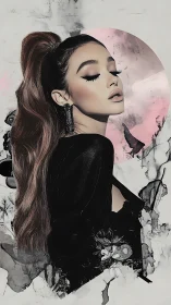 Digital portrait of woman before abstract pink circle.