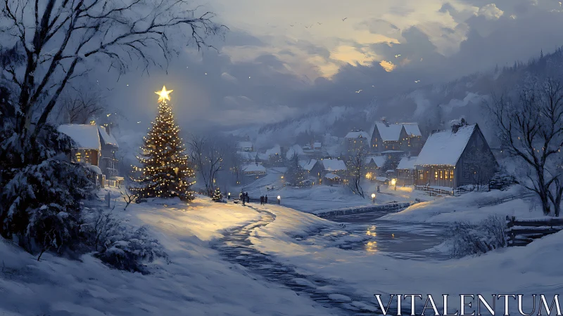 Snowy village glows under illuminated Christmas tree star