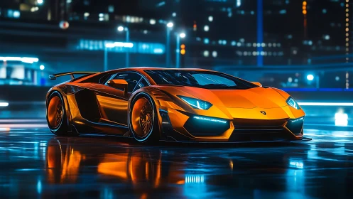 Neon-soaked supercar prowls a slick electric midnight cityscape.