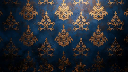 Golden damask blooms on deep midnight blue wallpaper.