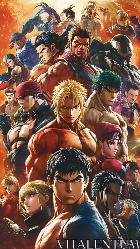 Epic anime fighters assemble in blazing battle collage.