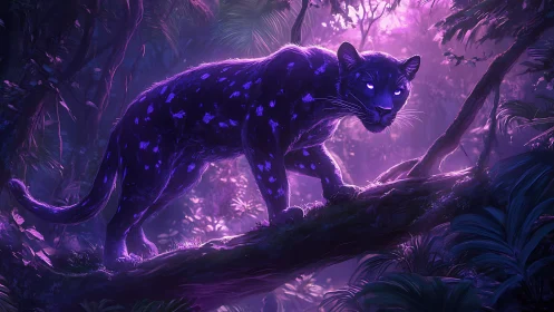 Bioluminescent Panther in Purple Jungle Setting.