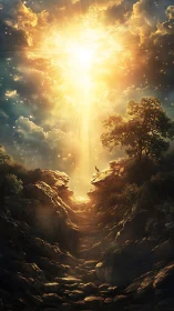 Vertical fantasy landscape with celestial light convergence.