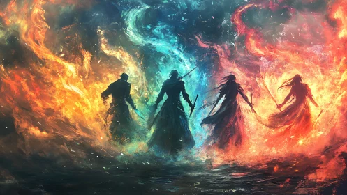 Elemental warrior quartet within swirling cosmic flames.