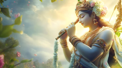 Gentle divine musician plays flute in a glowing garden light