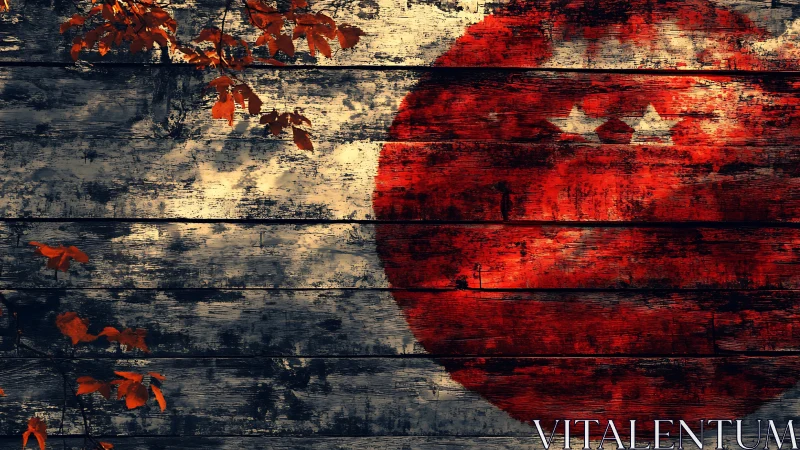 Weathered red sun mural on rustic wood planks at dusk.