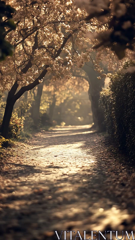 Whispering blossom lane aglow in gentle morning shimmer.