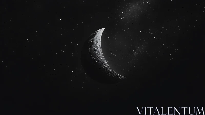 Crescent moon drifts through a star scattered cosmic night