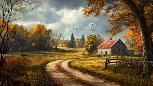 Rural country road leading to old farmhouse in autumn