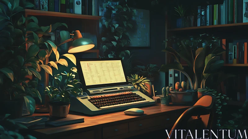 Cozy home office desk with retro laptop and plants.