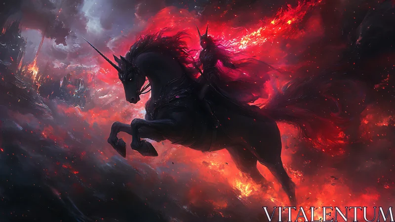 Infernal unicorn charge with armored rider through volcanic sky.