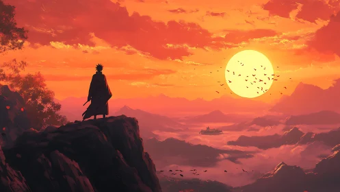 Silhouetted figure overlooks orange mountain sunset valley