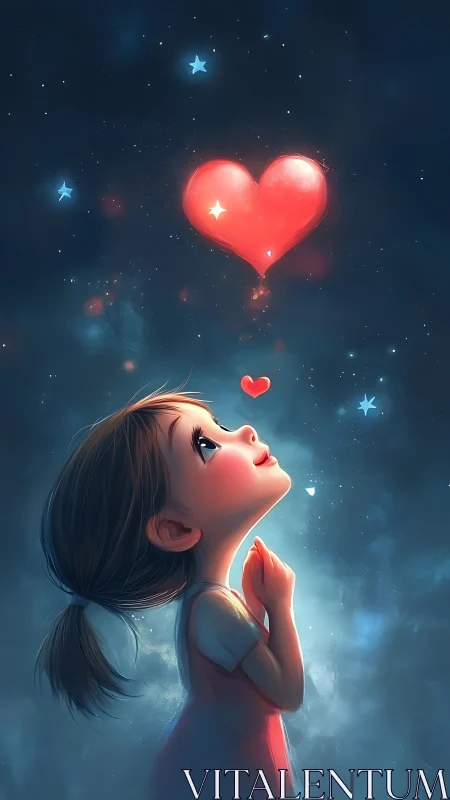 Young figure gazes upward toward luminous heart with celestial ambiance.