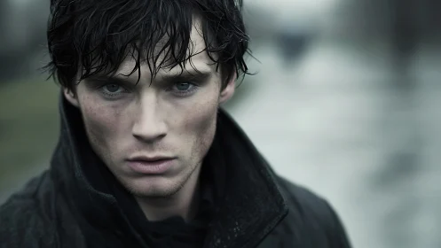 Brooding young man in rain-soaked coat stares ahead.