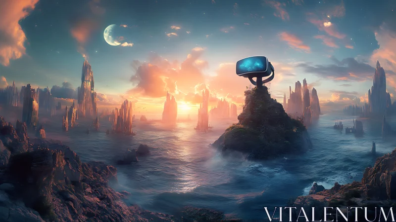 VR monolith on oceanic alien world at sunrise with spires