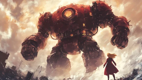 Colossal red mech towers over lone figure in storm sky.