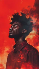 Portrait of a man in burning red haze captures fierce resilience