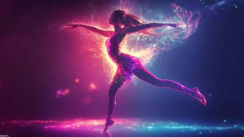 Neon ballerina leaping in glowing abstract light burst