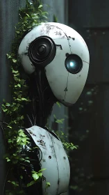 Weathered white android overgrown with urban ivy vines.