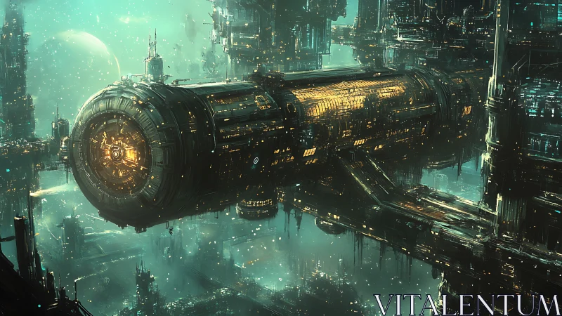 Cylindrical starship docked in dense teal-lit orbital megastructure