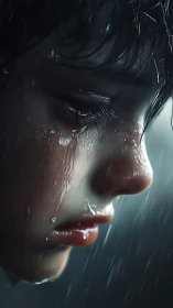 Child profile in rain with tear-streaked cinematic lighting.