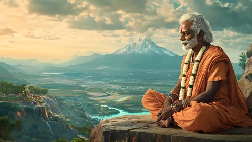 Peaceful elder yogi enjoys a sunrise over wide river valley