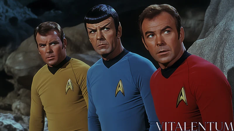 Photorealistic sci-fi crew portrait with triadic uniform color blocking.