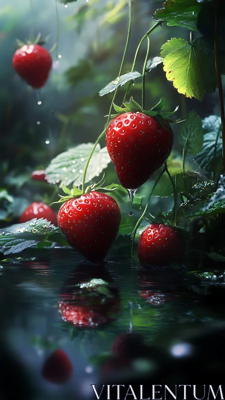 Ripe strawberries glisten over reflective water after rain.
