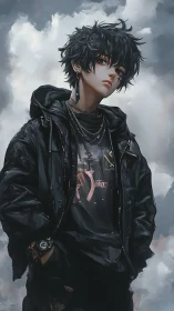 Black-haired anime boy stands in layered streetwear clothing