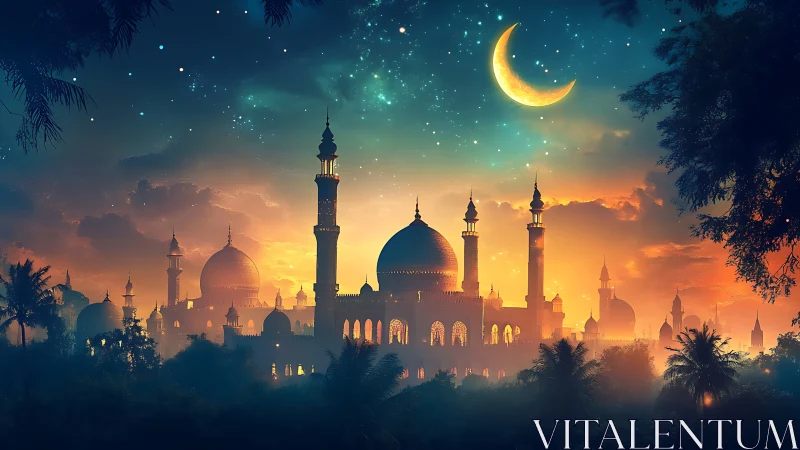 Moonlit palace skyline glowing in a dreamy twilight hush.