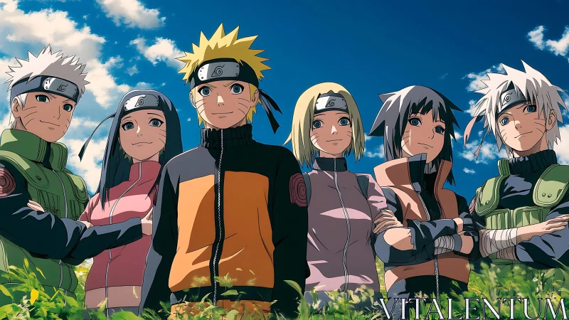 Sunlit ninja team line-up under vivid summer sky backdrop.