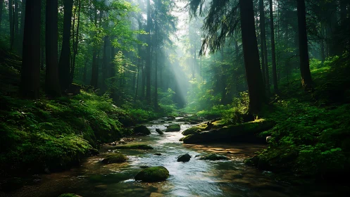 Serene forest stream with sunbeams in lush green woodland landscape.