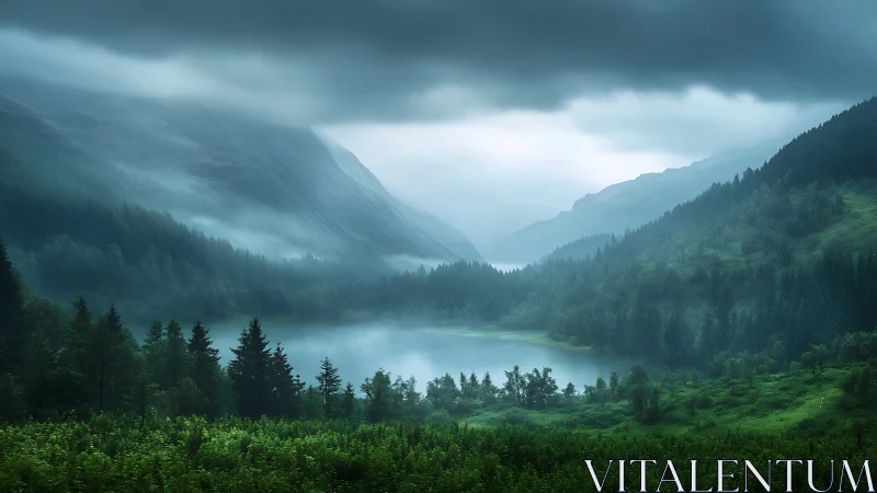 Storm-kissed valley lake wrapped in whispering emerald mists.