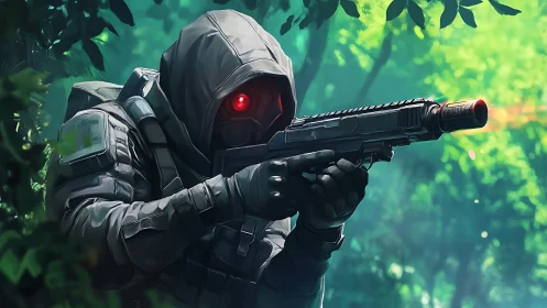 Hooded futuristic soldier aiming rifle in dense jungle.