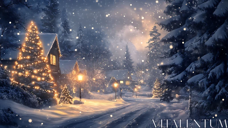 Digital painting of snowy festive village lane with lighting design.