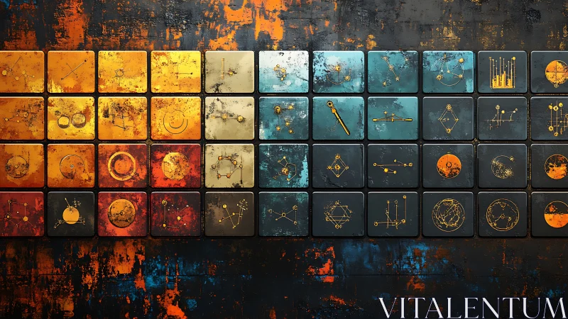 Color grid of abstract science symbols on textured wall.