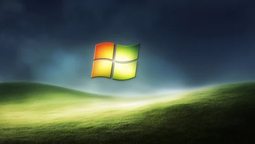 Luminous window emblem hovers above softly glowing hills