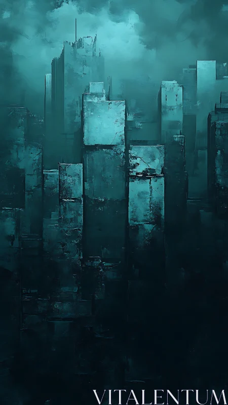 Vertical teal-toned cityscape shows abstract block structures