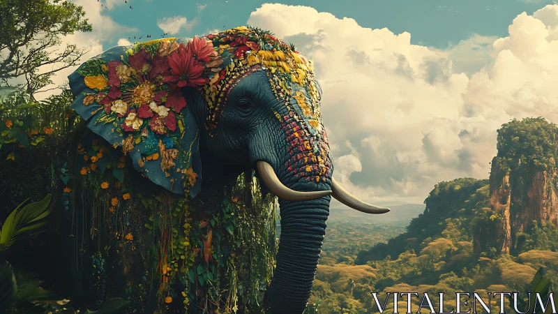 Floral-clad elephant amid volumetric jungle vista tableau.