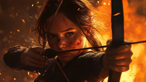 Battle-scarred archer girl framed by blazing cinematic fire.