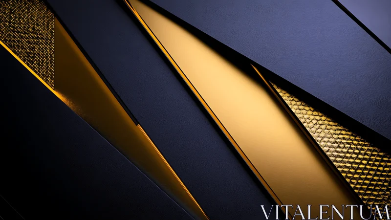 Golden geometric panels slice through deep midnight blue