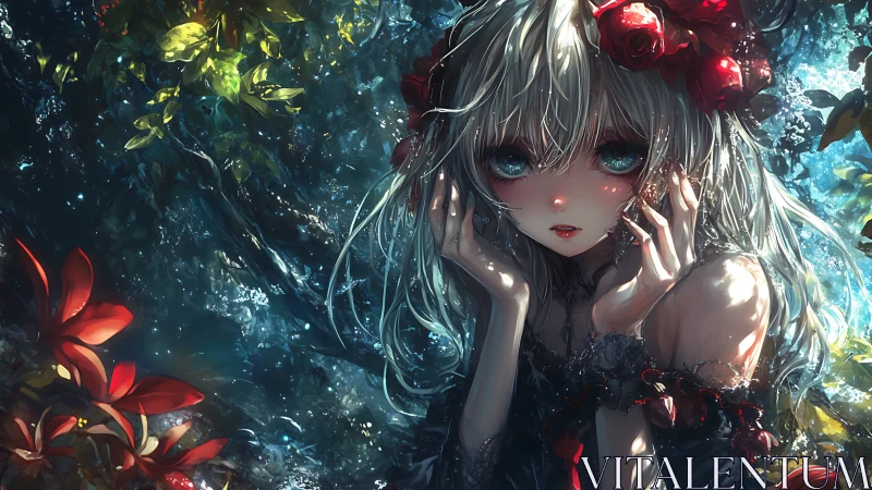 Girl with floral headpiece stands in reflective water environment