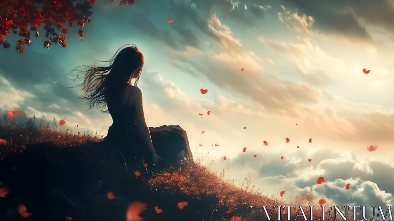 Silhouetted figure on hillside with drifting petals at dusk.