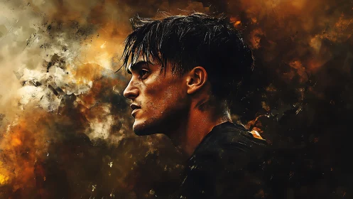 Combustive side-profile portrait in turbulent chromatic field.