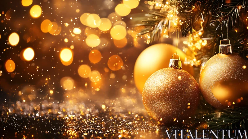 Golden Christmas baubles glow amid defocused festive lights