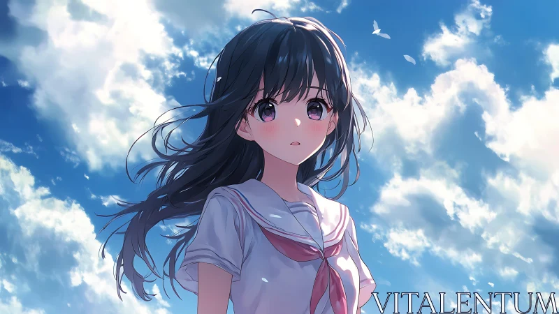 Soft summer sky welcomes a thoughtful anime schoolgirl gaze