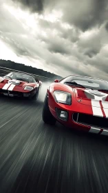 Red racing supercars charge forward on stormy racetrack.