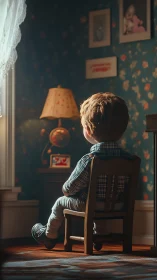 Quiet afternoon kid daydreaming in a cozy bedroom nook.