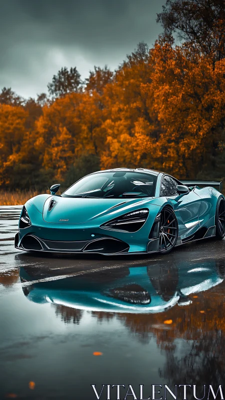 Teal supercar parked on wet road in bright autumn forest.